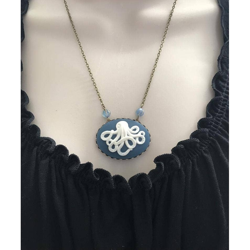 Navy Blue Cameo Pendant Octopus Necklace