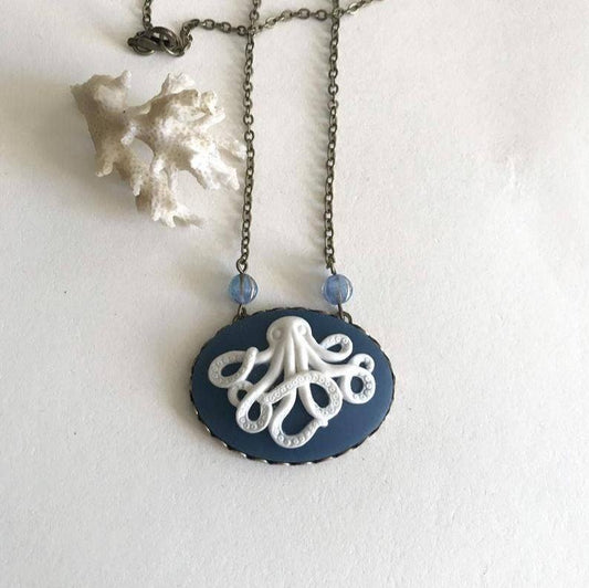 Navy Blue Cameo Pendant Octopus Necklace