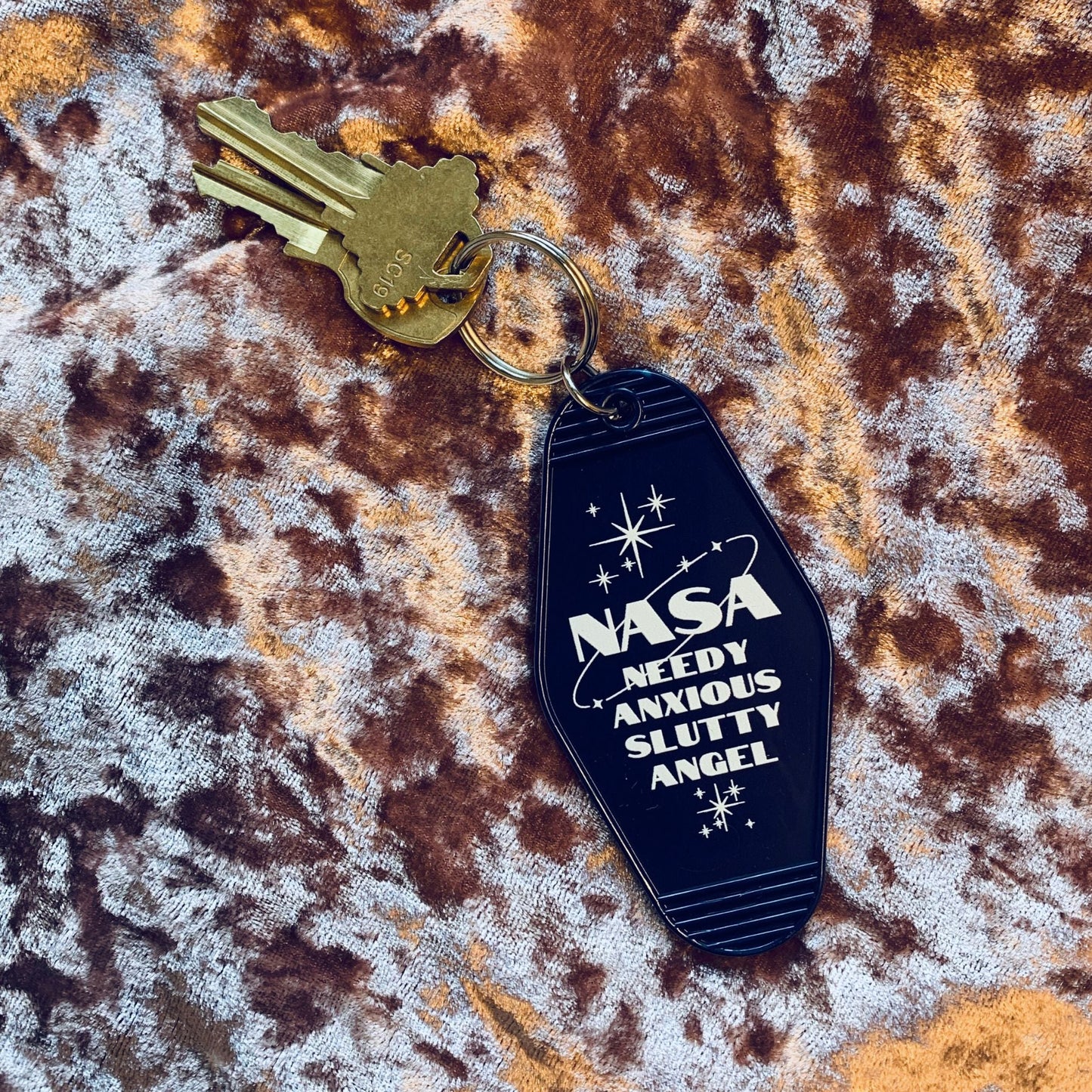 Needy Anxious Slutty Angel Space Explorer Motel Style Keychain in Dark Blue