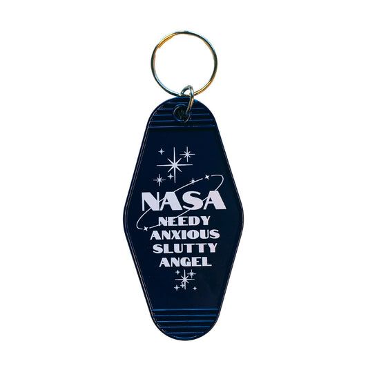 Needy Anxious Slutty Angel Space Explorer Motel Style Keychain in Dark Blue