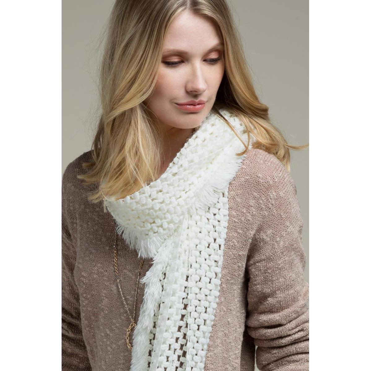 Net Oblong Scarf with Frayed Fringe | Soft Acrylic Scarf in Black, Mustard, and White