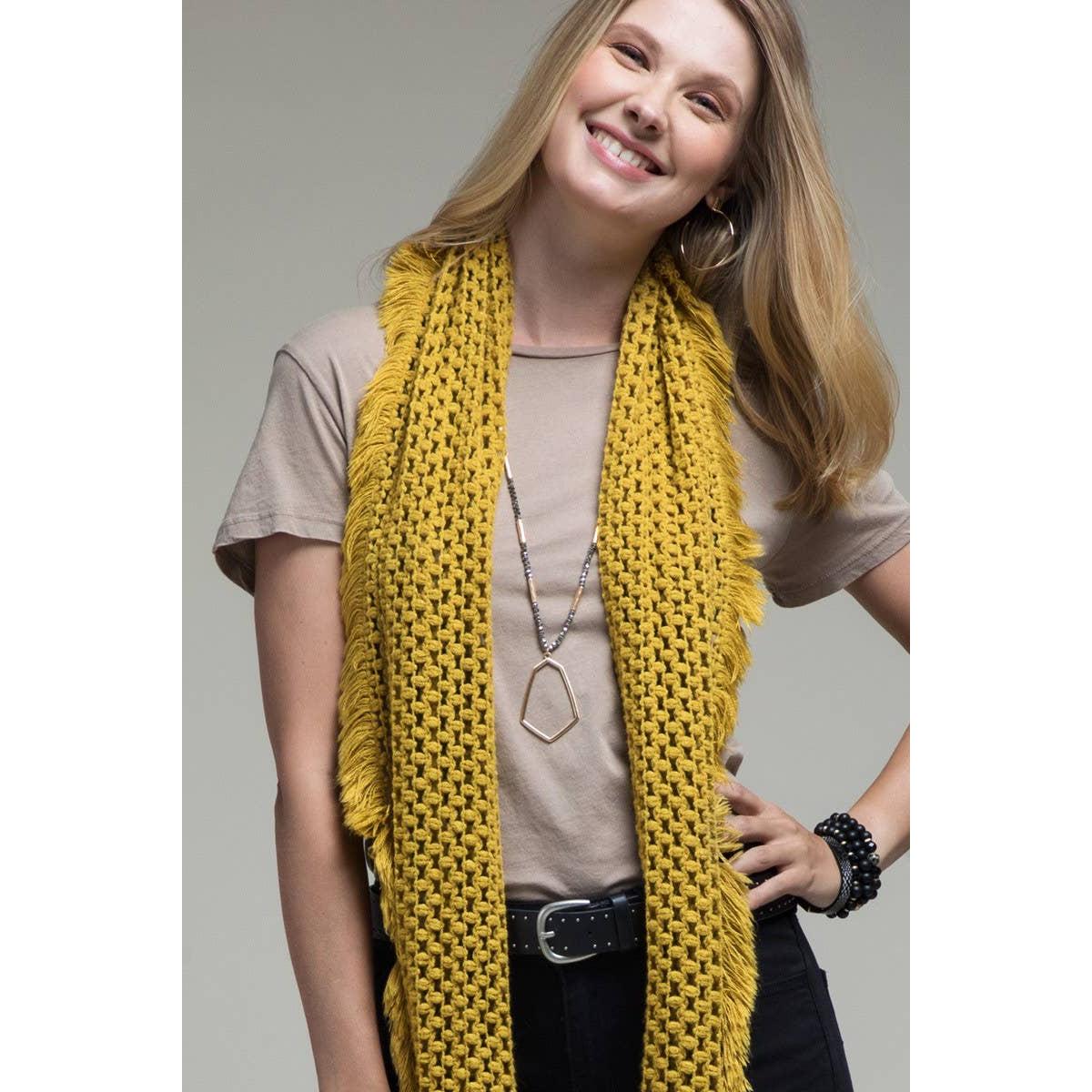 Net Oblong Scarf with Frayed Fringe | Soft Acrylic Scarf in Black, Mustard, and White