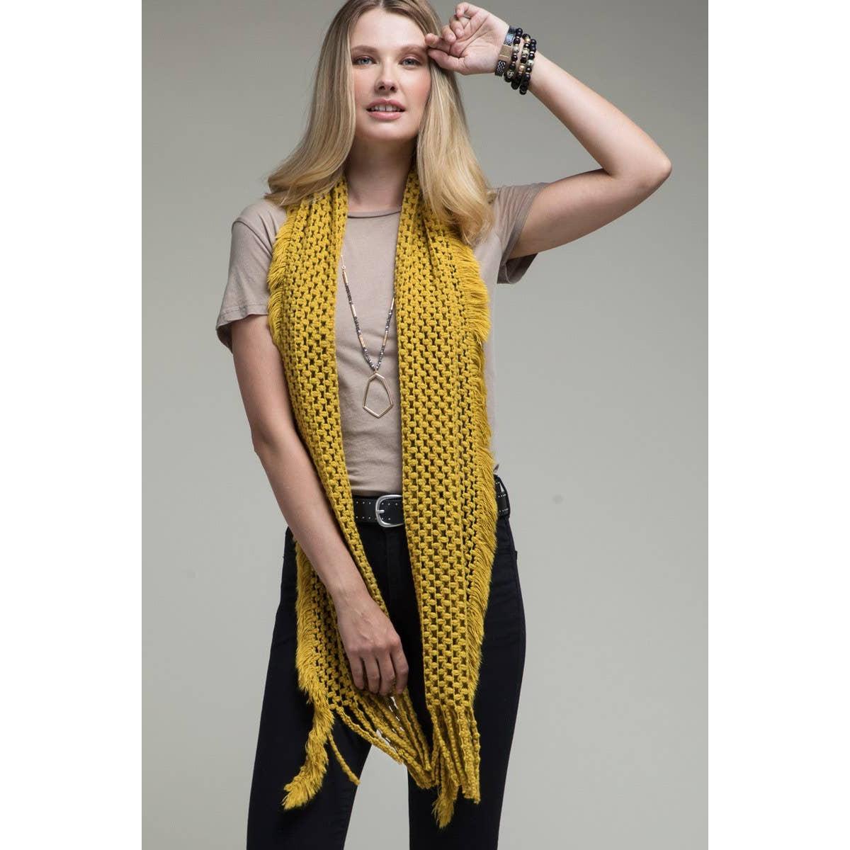 Net Oblong Scarf with Frayed Fringe | Soft Acrylic Scarf in Black, Mustard, and White