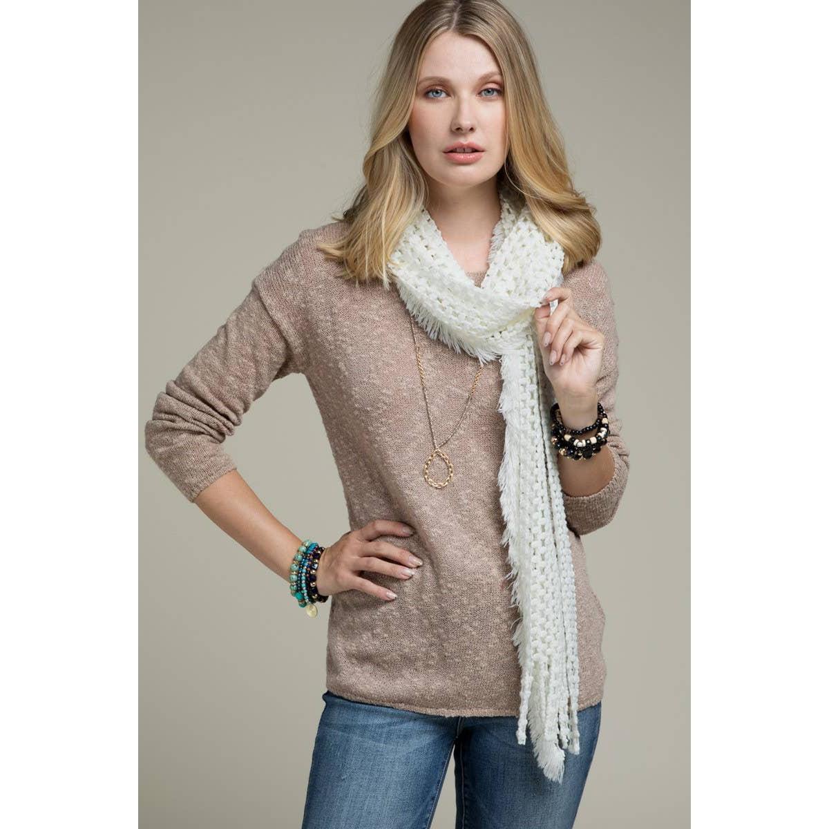 Net Oblong Scarf with Frayed Fringe | Soft Acrylic Scarf in Black, Mustard, and White