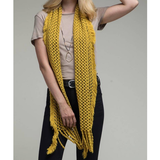 Net Oblong Scarf with Frayed Fringe | Soft Acrylic Scarf in Black, Mustard, and White