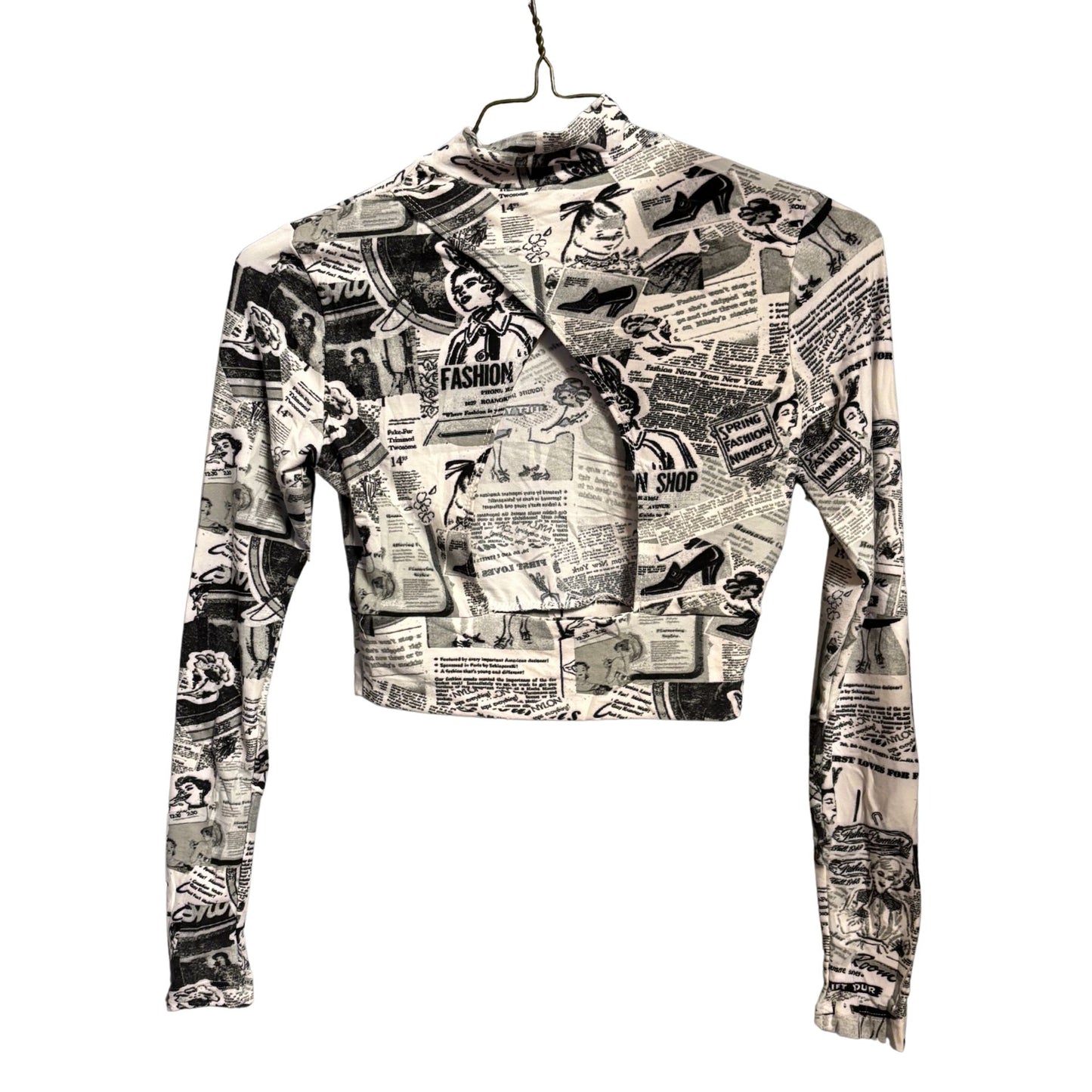 Newspaper Print Long Sleeve Mock Neck Crop Top | Trendy Fitted Graphic Top [SM–XL]