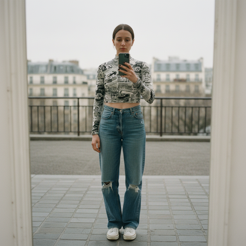 Newspaper Print Long Sleeve Mock Neck Crop Top | Trendy Fitted Graphic Top [SM–XL]