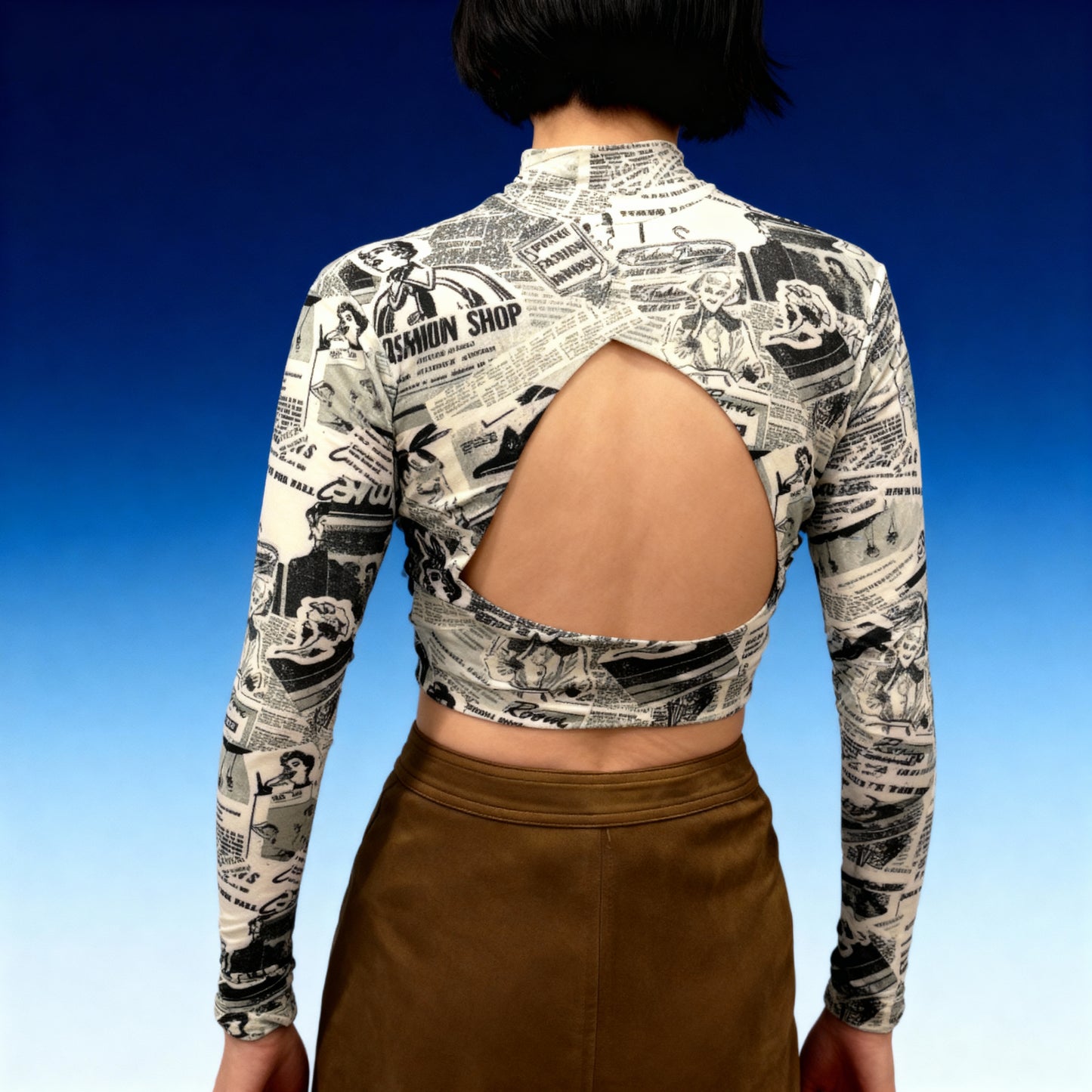 Newspaper Print Long Sleeve Mock Neck Crop Top | Trendy Fitted Graphic Top [SM–XL]