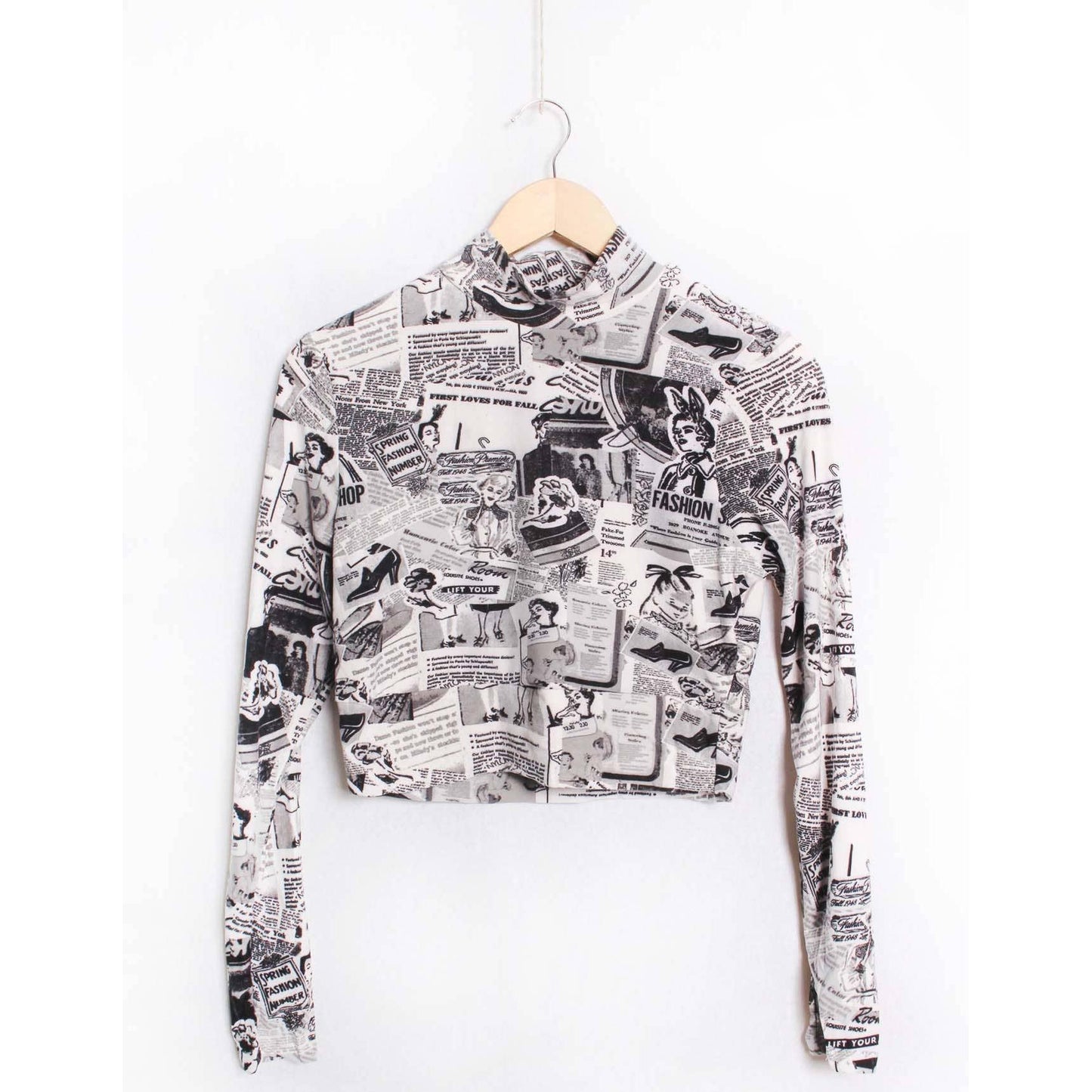 Newspaper Print Long Sleeve Mock Neck Crop Top | Trendy Fitted Graphic Top [SM–XL]