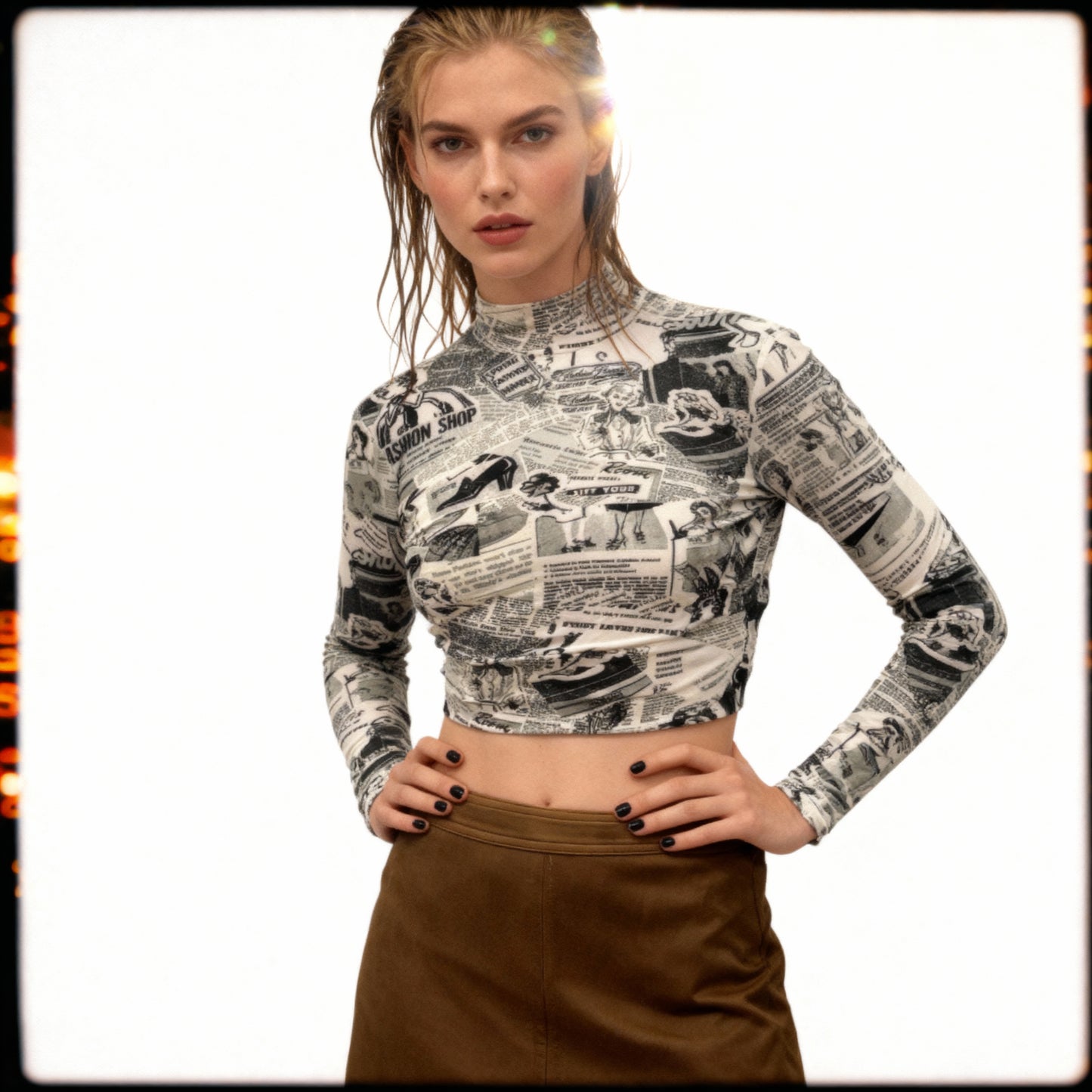 Newspaper Print Long Sleeve Mock Neck Crop Top | Trendy Fitted Graphic Top [SM–XL]