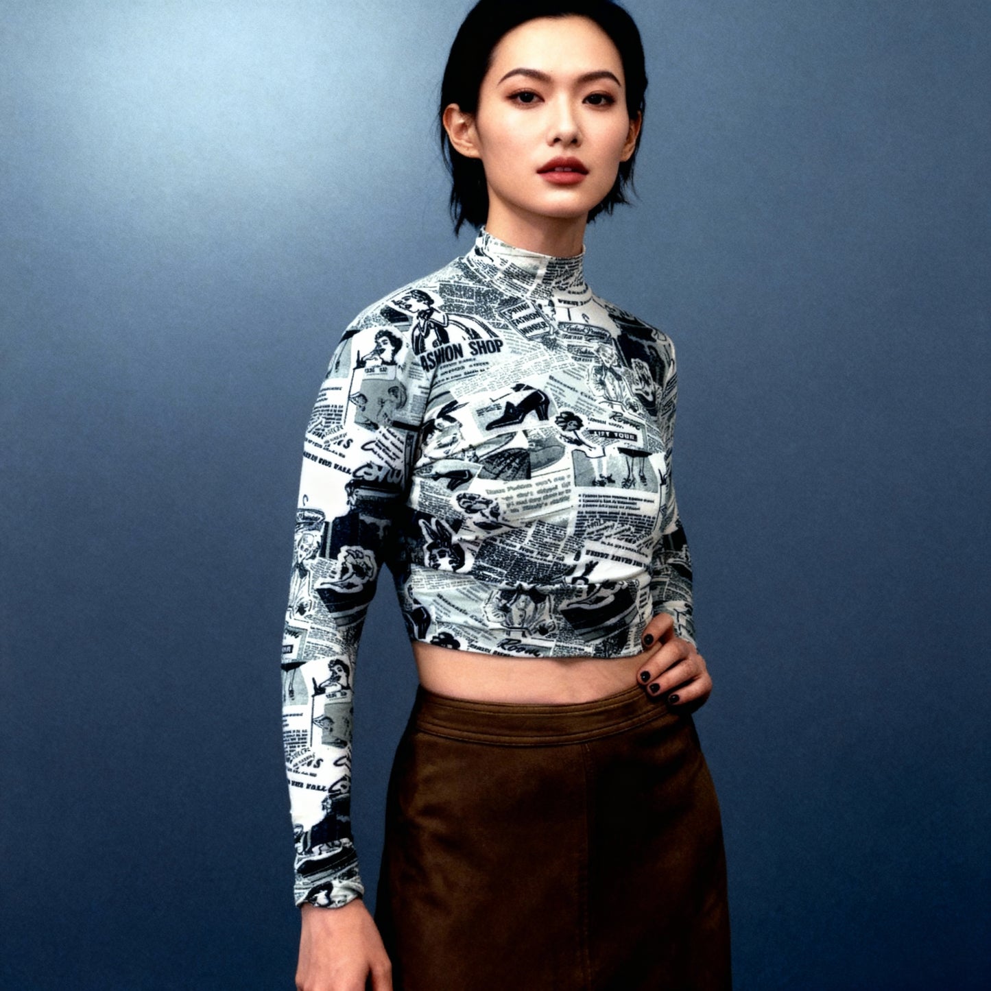 Newspaper Print Long Sleeve Mock Neck Crop Top | Trendy Fitted Graphic Top [SM–XL]