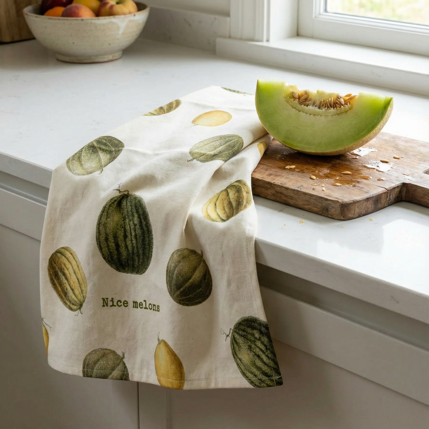 Nice Melons Dish Cloth Towel | Cotten Linen Novelty Tea Towel | Embroidered Text | 18" x 28"