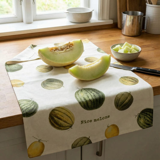 Nice Melons Dish Cloth Towel | Cotten Linen Novelty Tea Towel | Embroidered Text | 18" x 28"