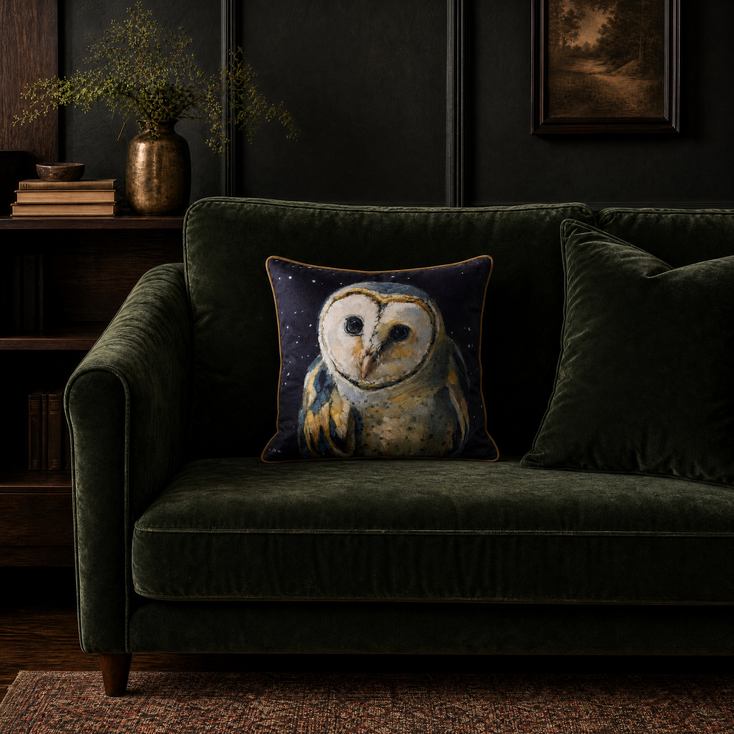 Night Barn Owl Velvet Pillow with Zipper | 14" x 14"