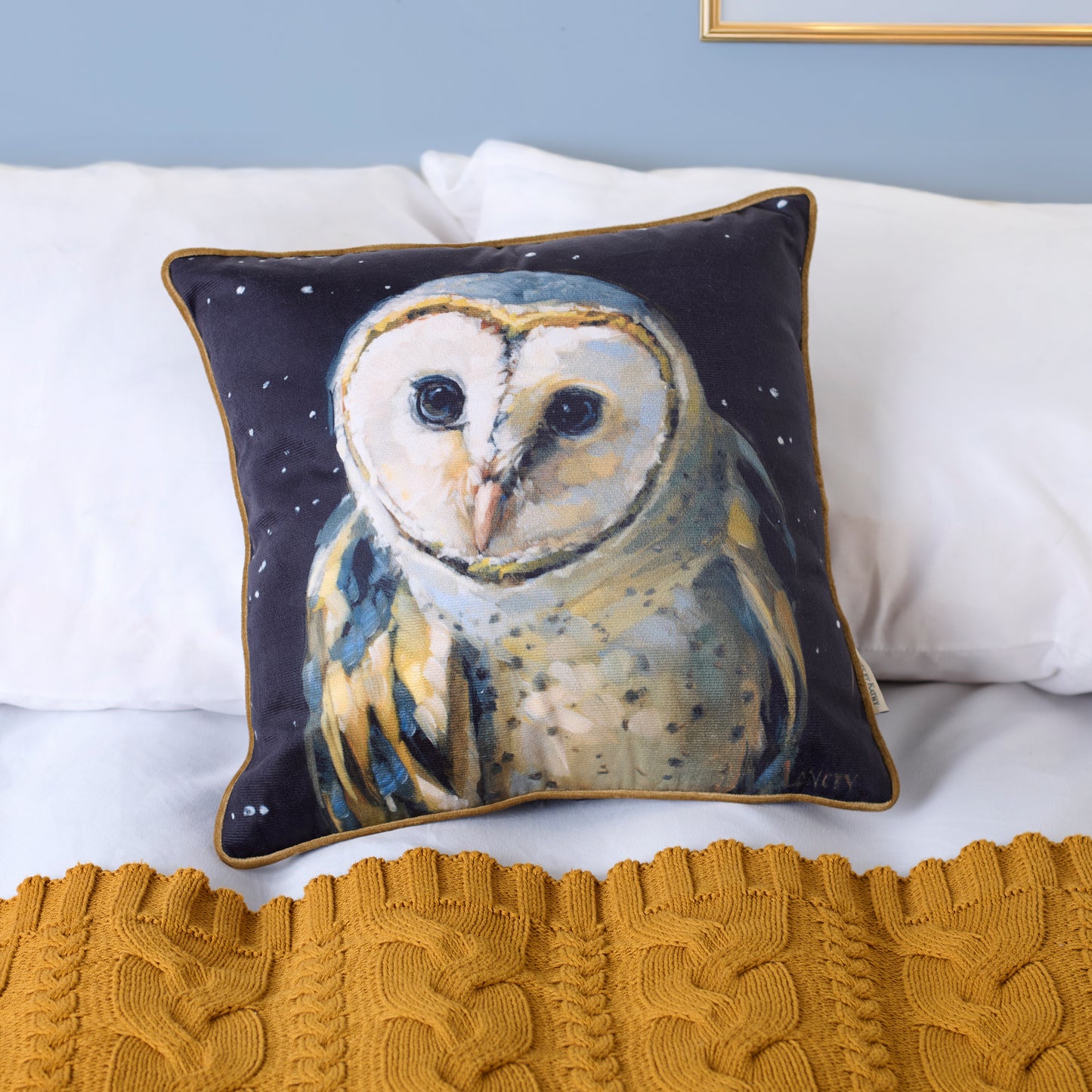 Night Barn Owl Velvet Pillow with Zipper | 14" x 14"
