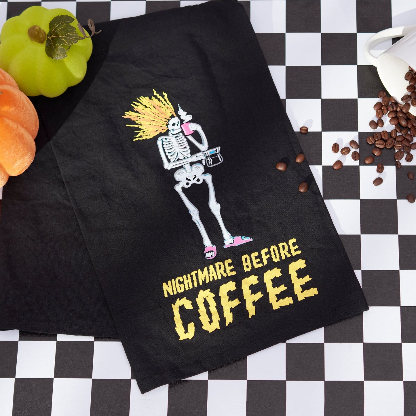 Nightmare Before Coffee Skeleton Kitchen Towel | Black Cotton Halloween Themed Tea Dish Cloth | 28" x 28"