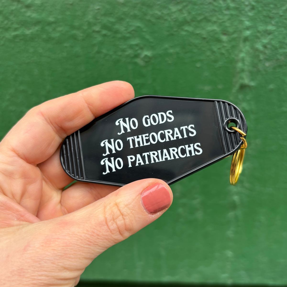 No Gods No Theocrats No Patriarchs Motel Style Keychain in Black-GetBullish-The Bullish Store