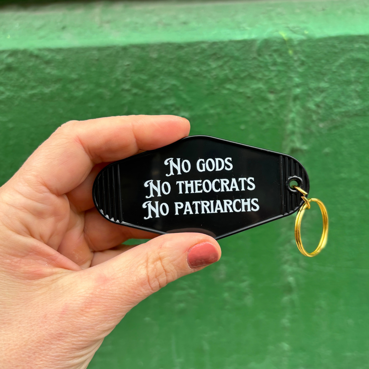 No Gods No Theocrats No Patriarchs Motel Style Keychain in Black-GetBullish-The Bullish Store