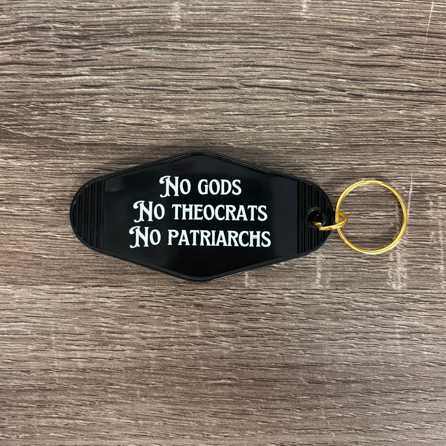 No Gods No Theocrats No Patriarchs Motel Style Keychain in Black