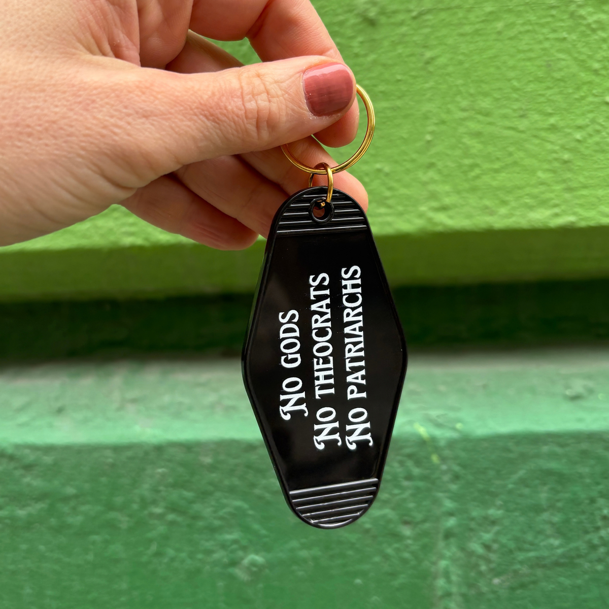 No Gods No Theocrats No Patriarchs Motel Style Keychain in Black-GetBullish-The Bullish Store