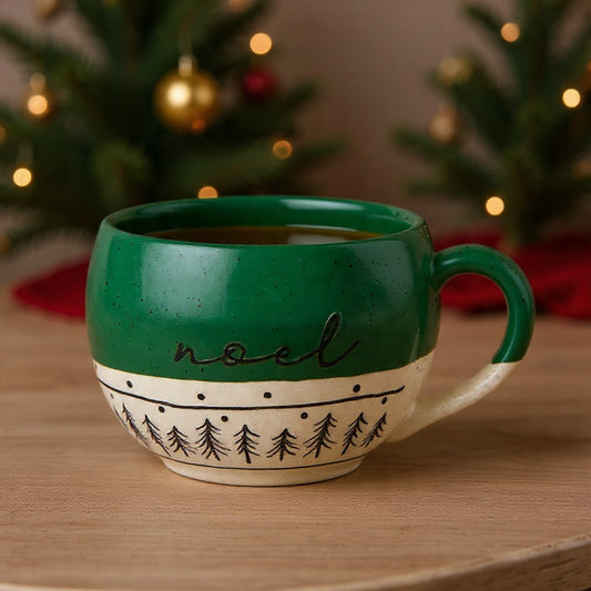 Noel Cozy Stoneware Mug | Christmas Holiday Design Barrel Shape Green Coffee Cup | 16 oz