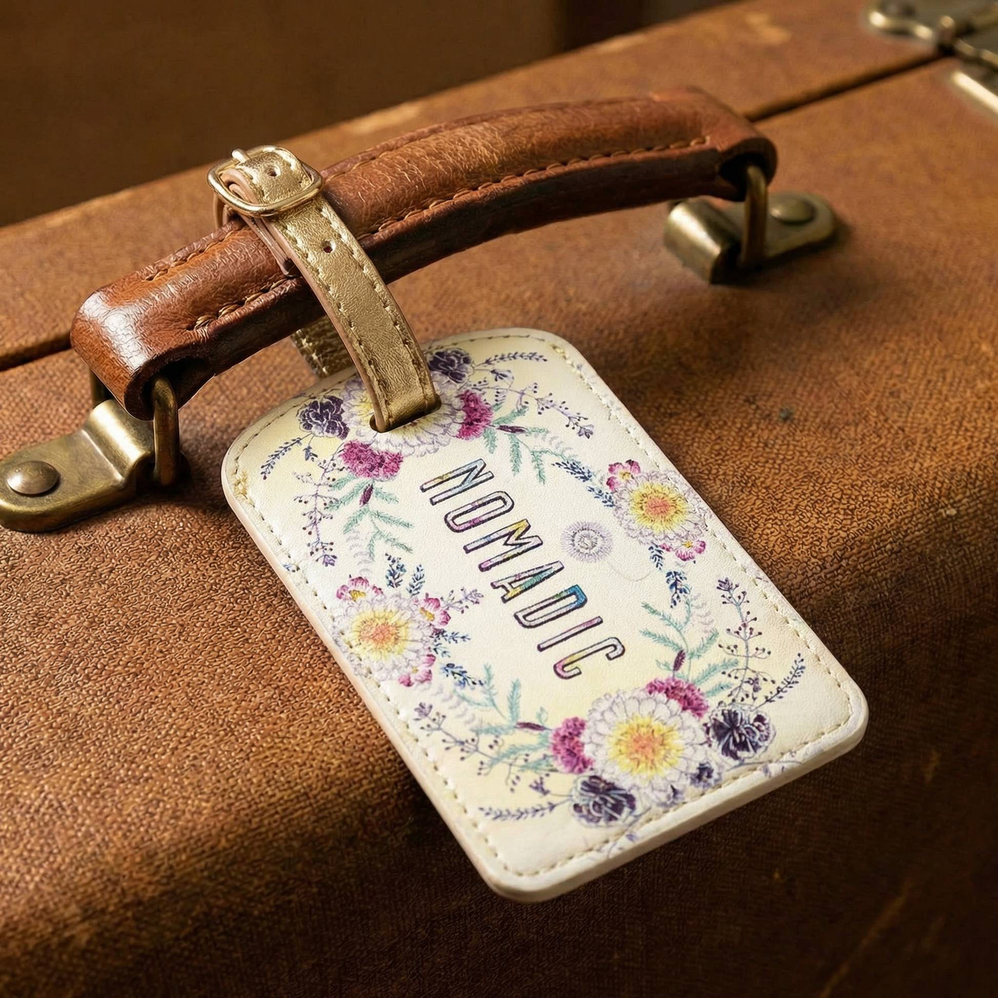 Nomadic Boho Luggage Tag | Floral Sunrise Wreath Design with Metallic Strap