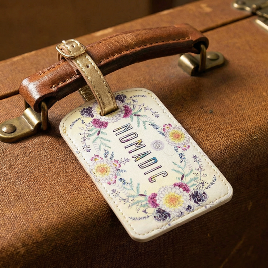 Nomadic Boho Luggage Tag | Floral Sunrise Wreath Design with Metallic Strap