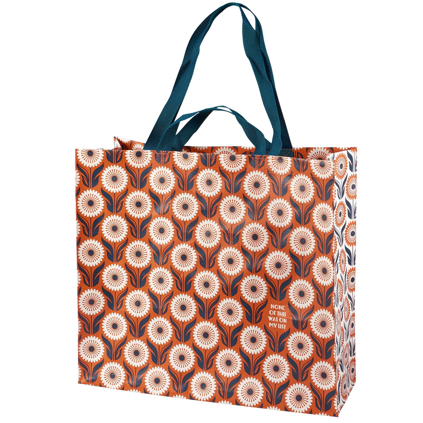 Tote bag with floral pattern and text on a white background