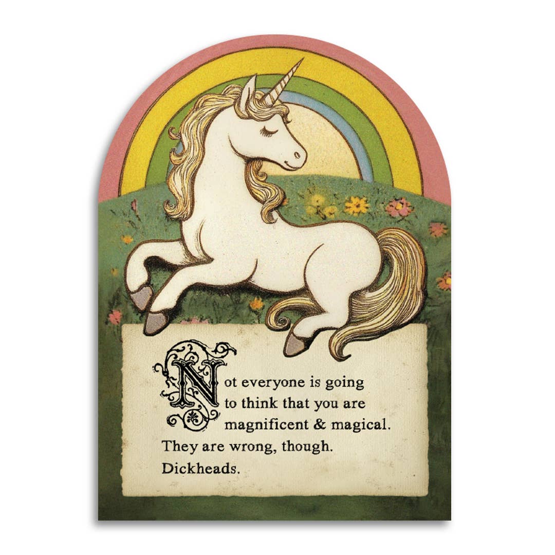 Decorative greeting card with a unicorn illustration and humorous text on a white background