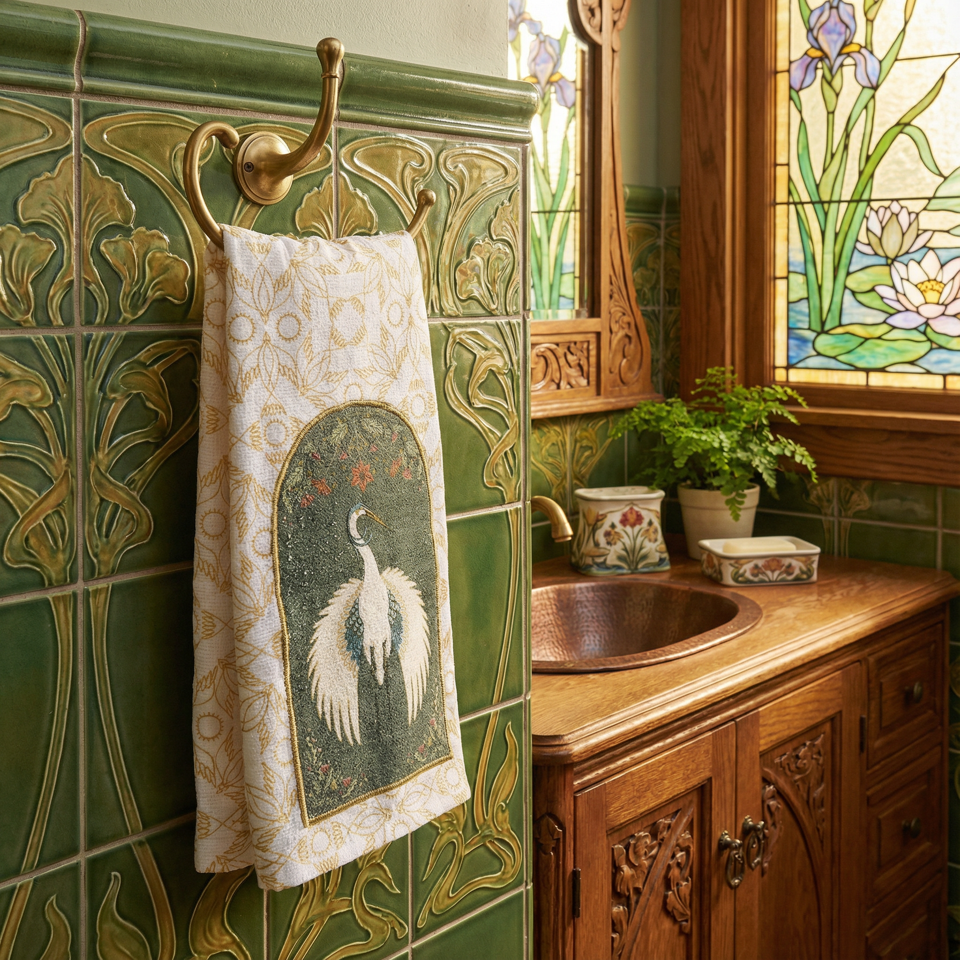 Nouveau Crane Cotton Kitchen Towel | Art Nouveau Bird Theme Guest Towel | 20" x 28"