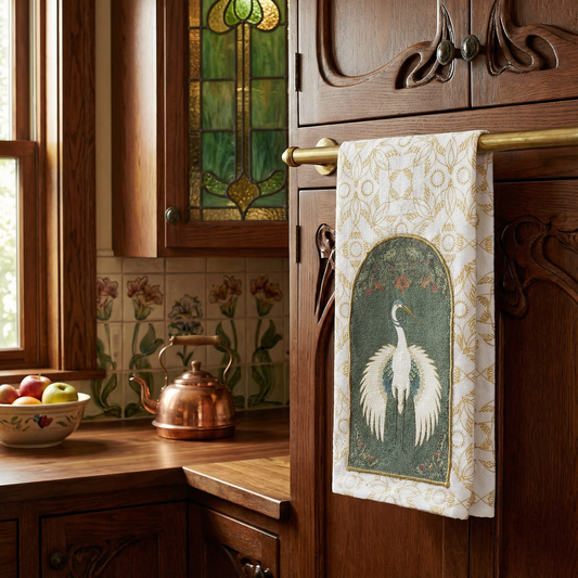 Nouveau Crane Cotton Kitchen Towel | Bird Pattern Hand Tea Dish Cloth | 20" x 28"