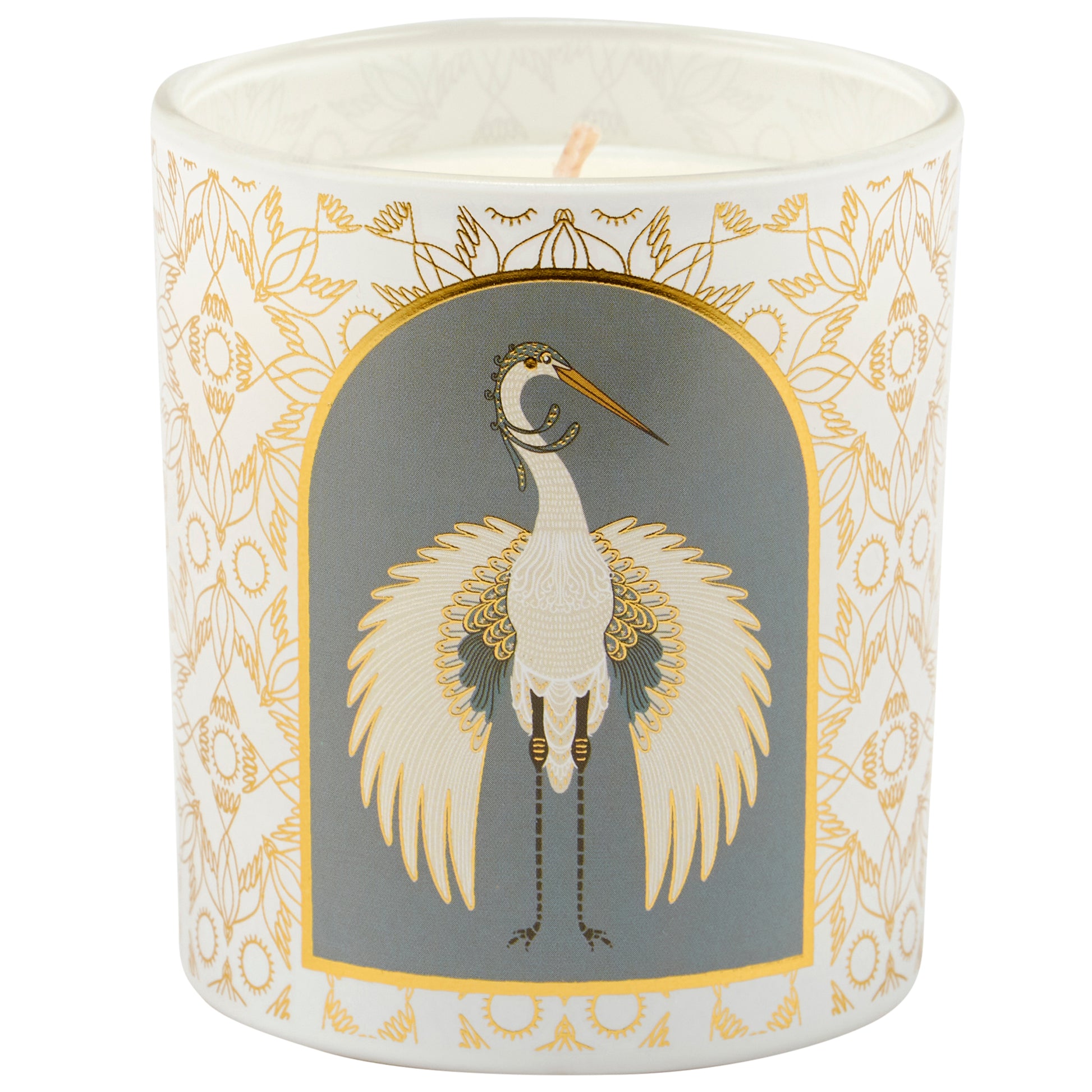 Nouveau Crane Sage Scent Jar Candle | Bird Pattern Metallic Gold Accent Frosted Glass | 35hrs Burn Time