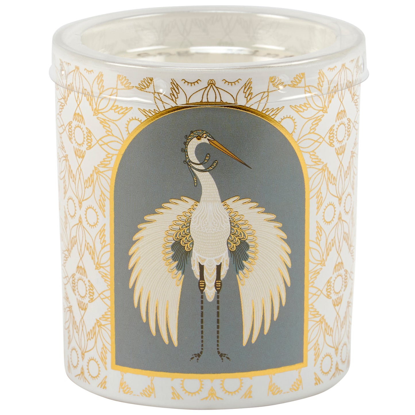 Nouveau Crane Sage Scent Jar Candle | Bird Pattern Metallic Gold Accent Frosted Glass | 35hrs Burn Time