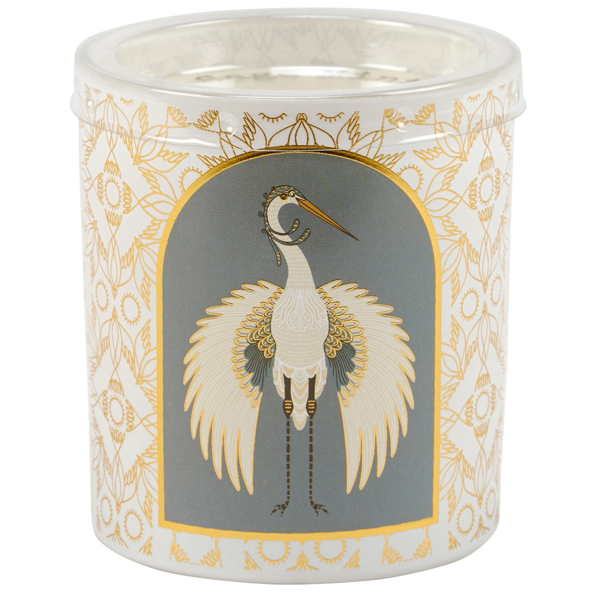 Nouveau Crane Sage Scent Jar Candle | Bird Pattern Metallic Gold Accent Frosted Glass | 35hrs Burn Time