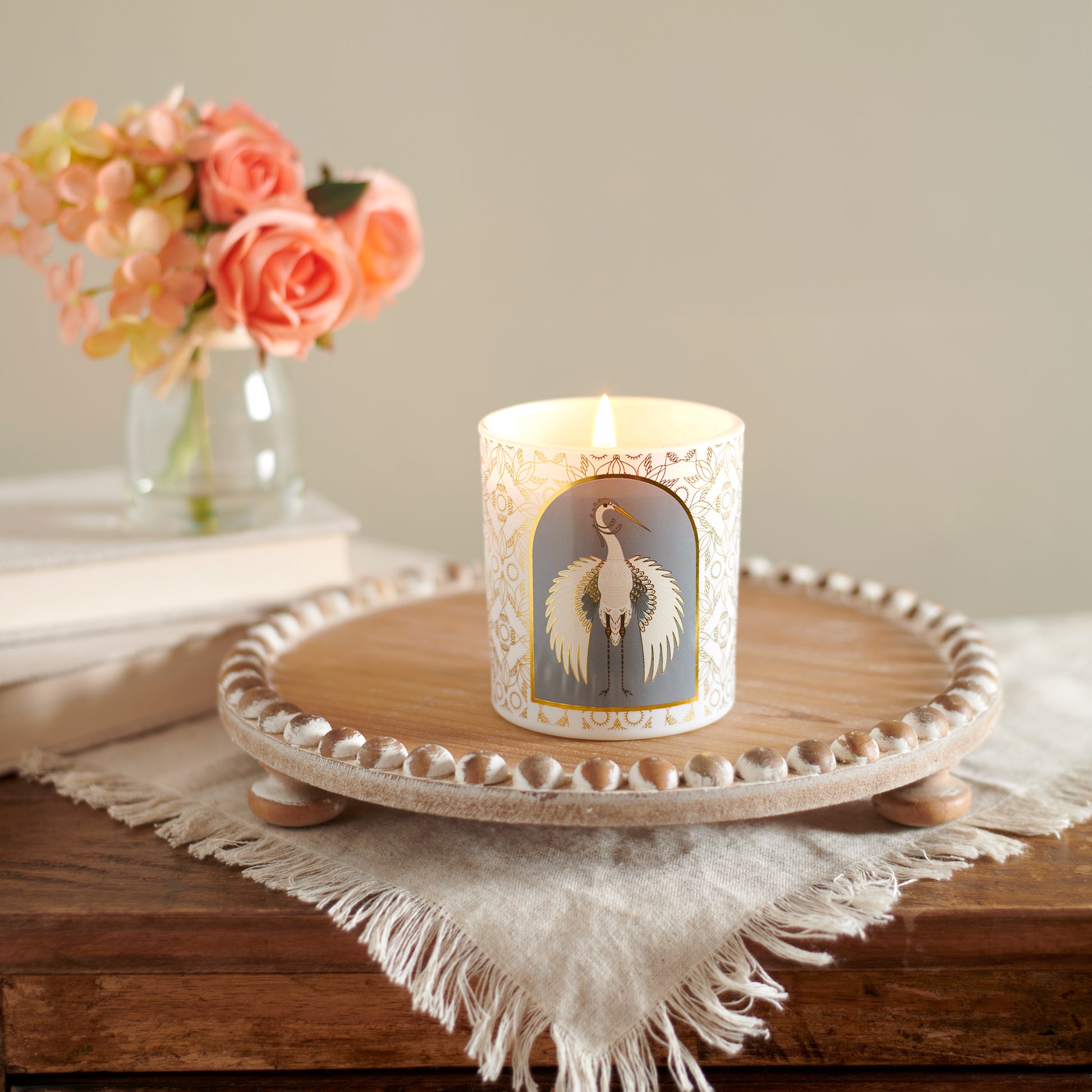 Nouveau Crane Sage Scent Jar Candle | Bird Pattern Metallic Gold Accent Frosted Glass | 35hrs Burn Time