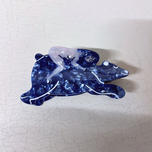Nude Woman Riding a Bear Hair Claw in Marbled Blue | Claw Clip in Velvet Travel Bag