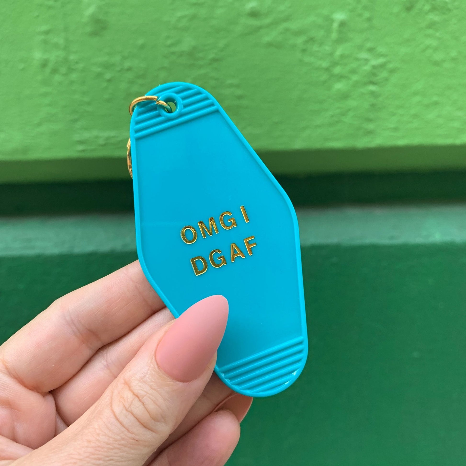 OMG I DGAF Motel Keychain in Aqua Blue