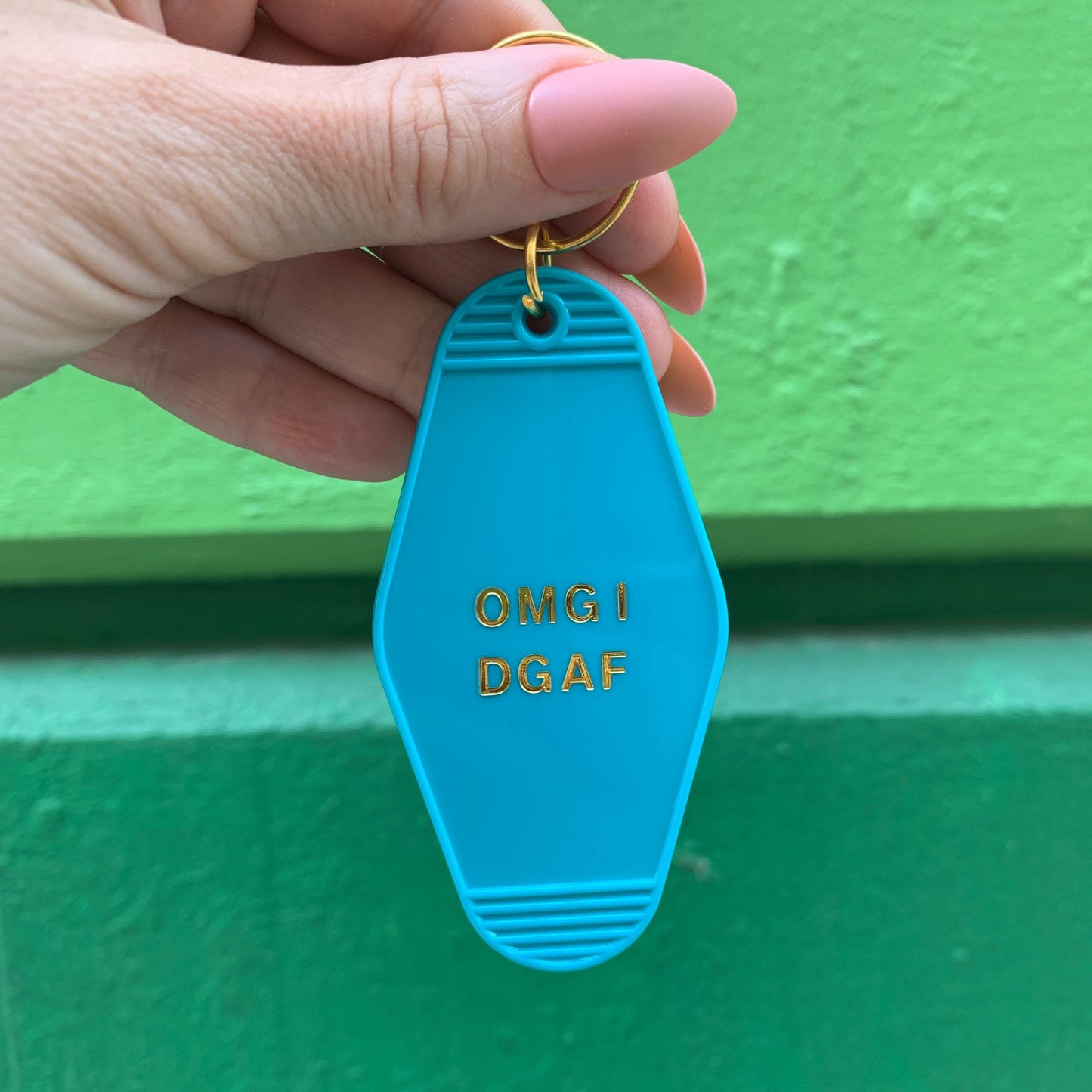 OMG I DGAF Motel Keychain in Aqua Blue