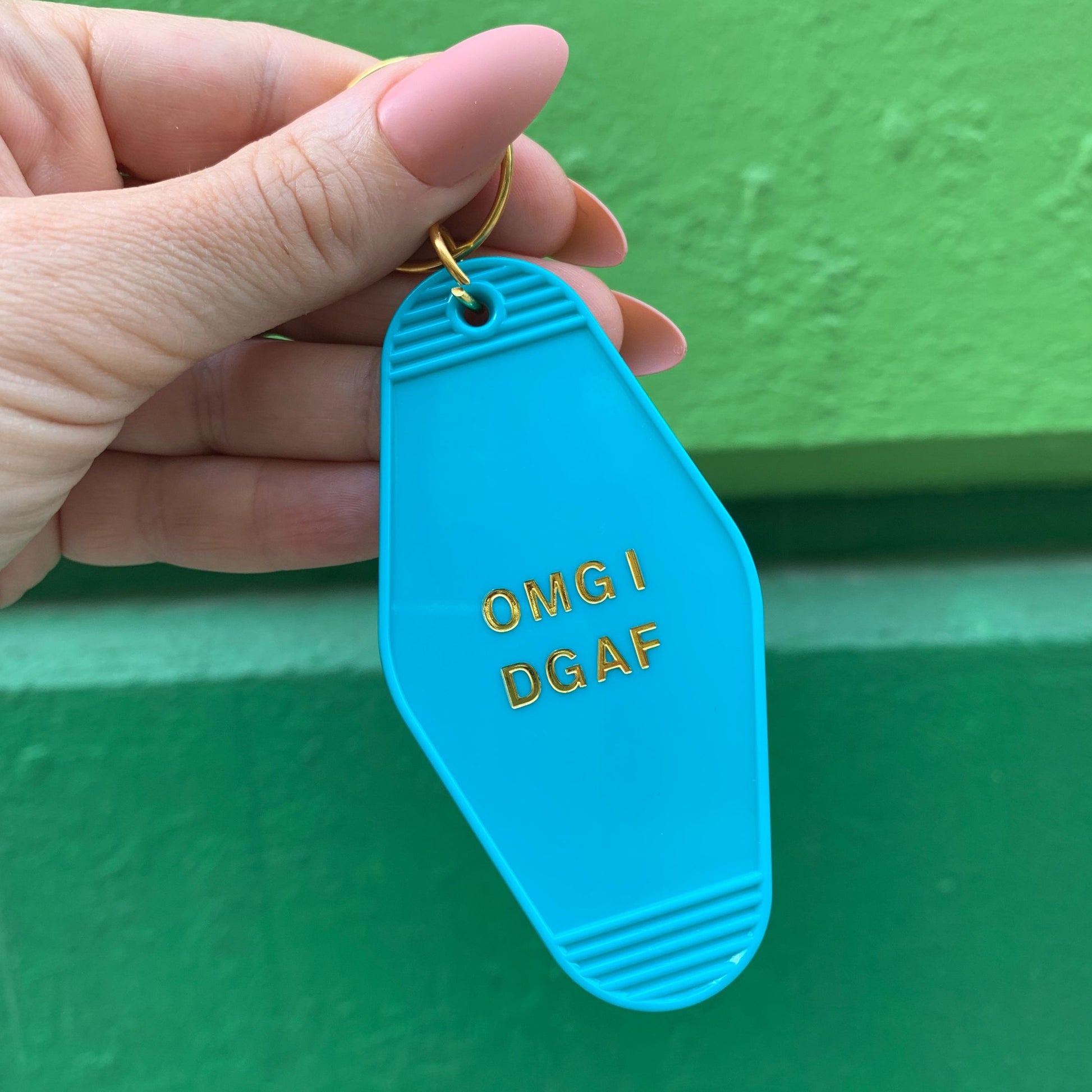 OMG I DGAF Motel Keychain in Aqua Blue