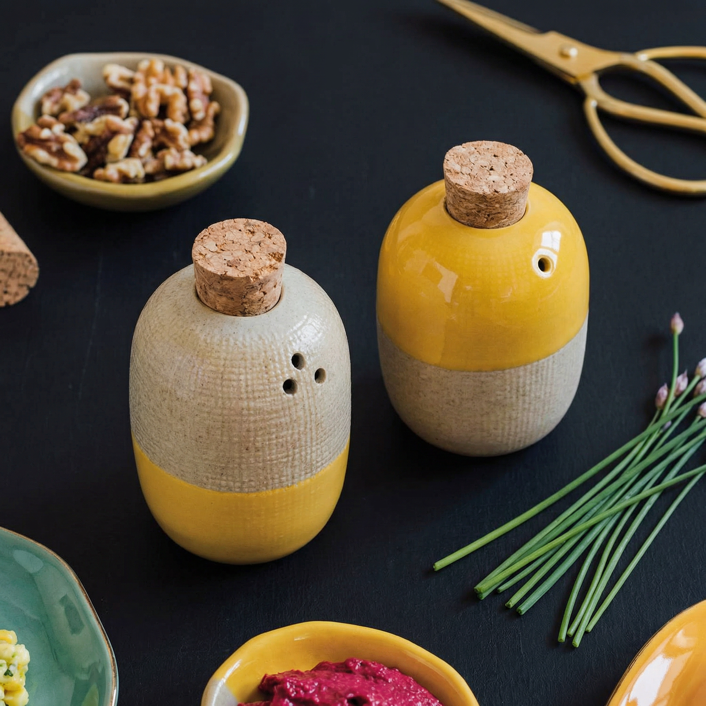 Ochre Solar Salt & Pepper Shakers Set | Stoneware Seasoning Dispensers Condiments Container