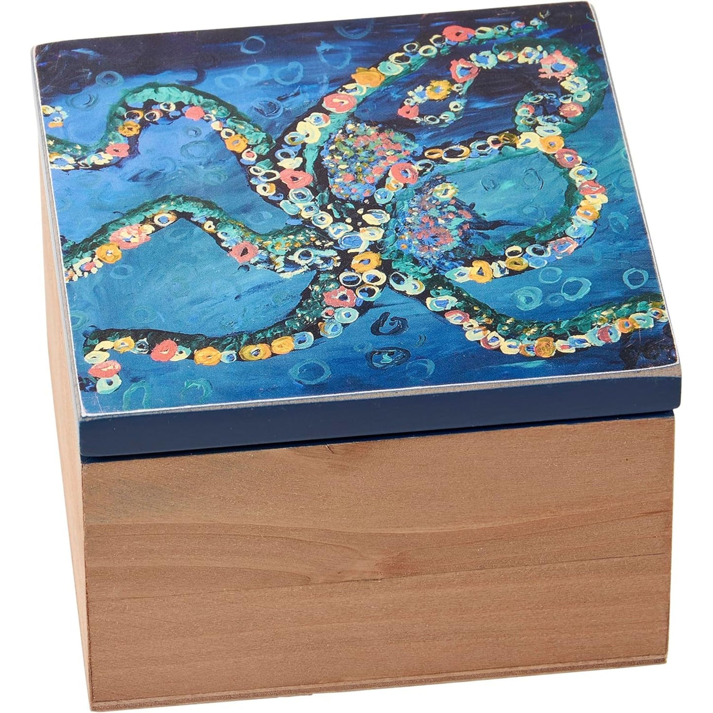Wooden box with a colorful, octopus design on the lid