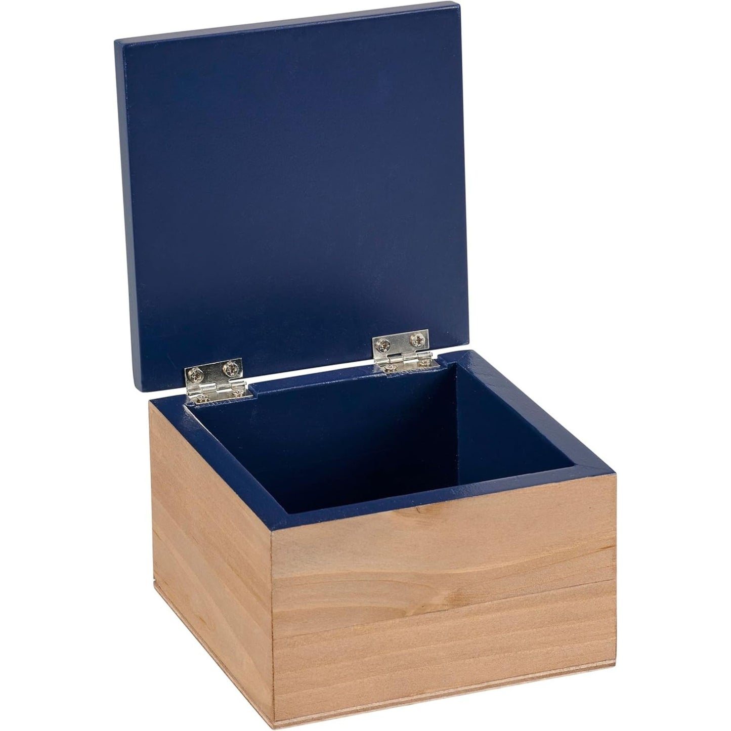 Wooden box with a hinged blue interior lid 