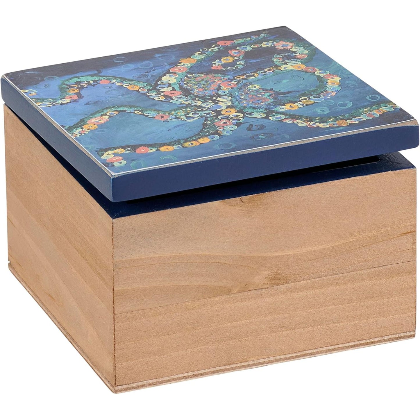 Wooden box with an octopus-patterned lid 