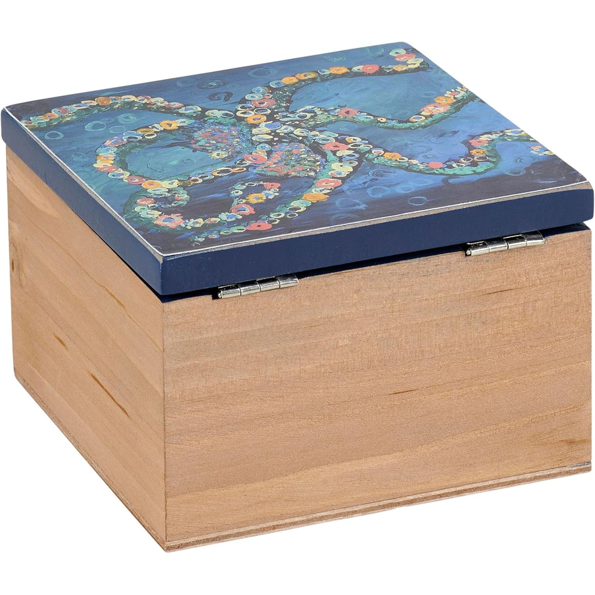 Wooden box with a colorful lid featuring octopus patterns