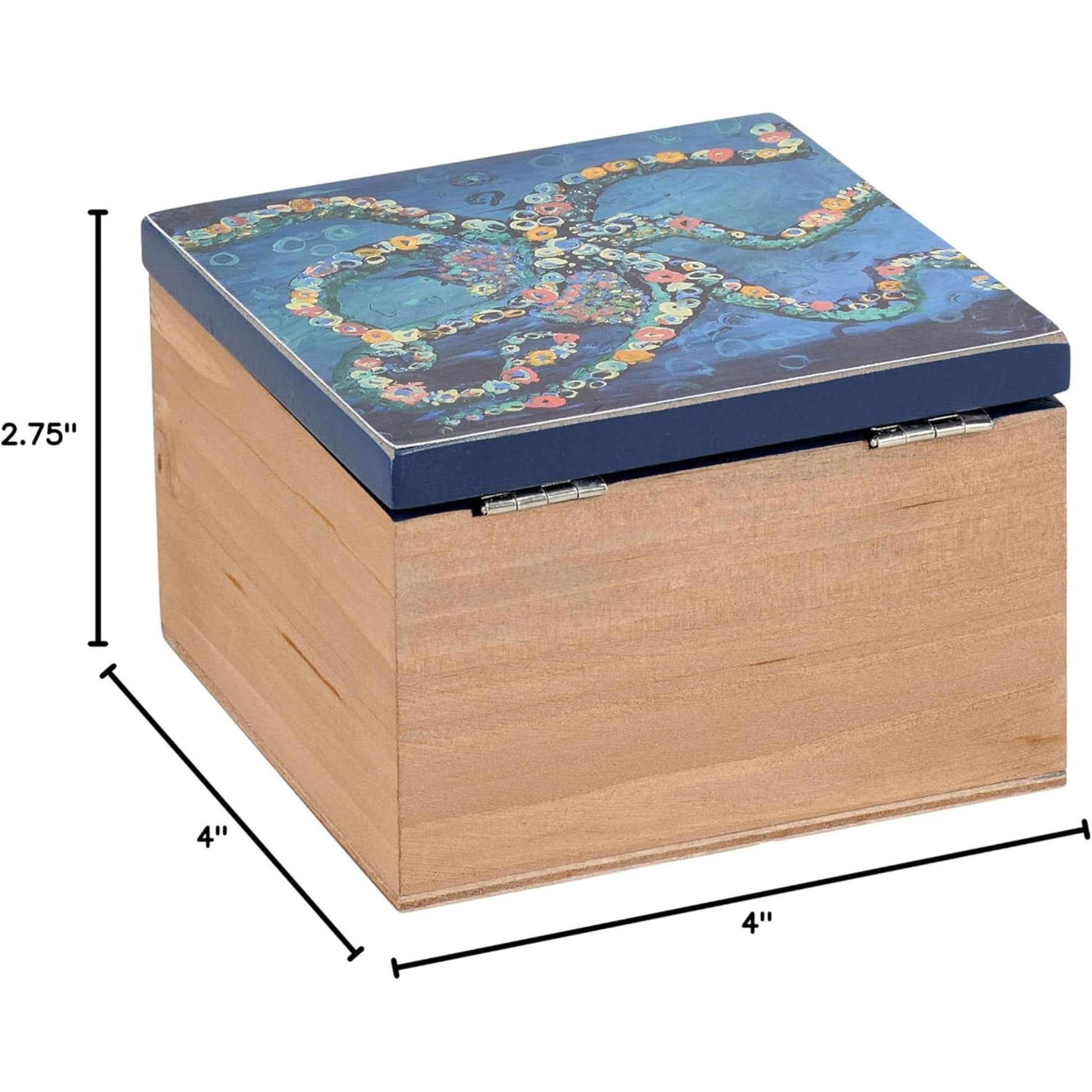 Wooden box with octopus-patterned lid, dimensions indicated