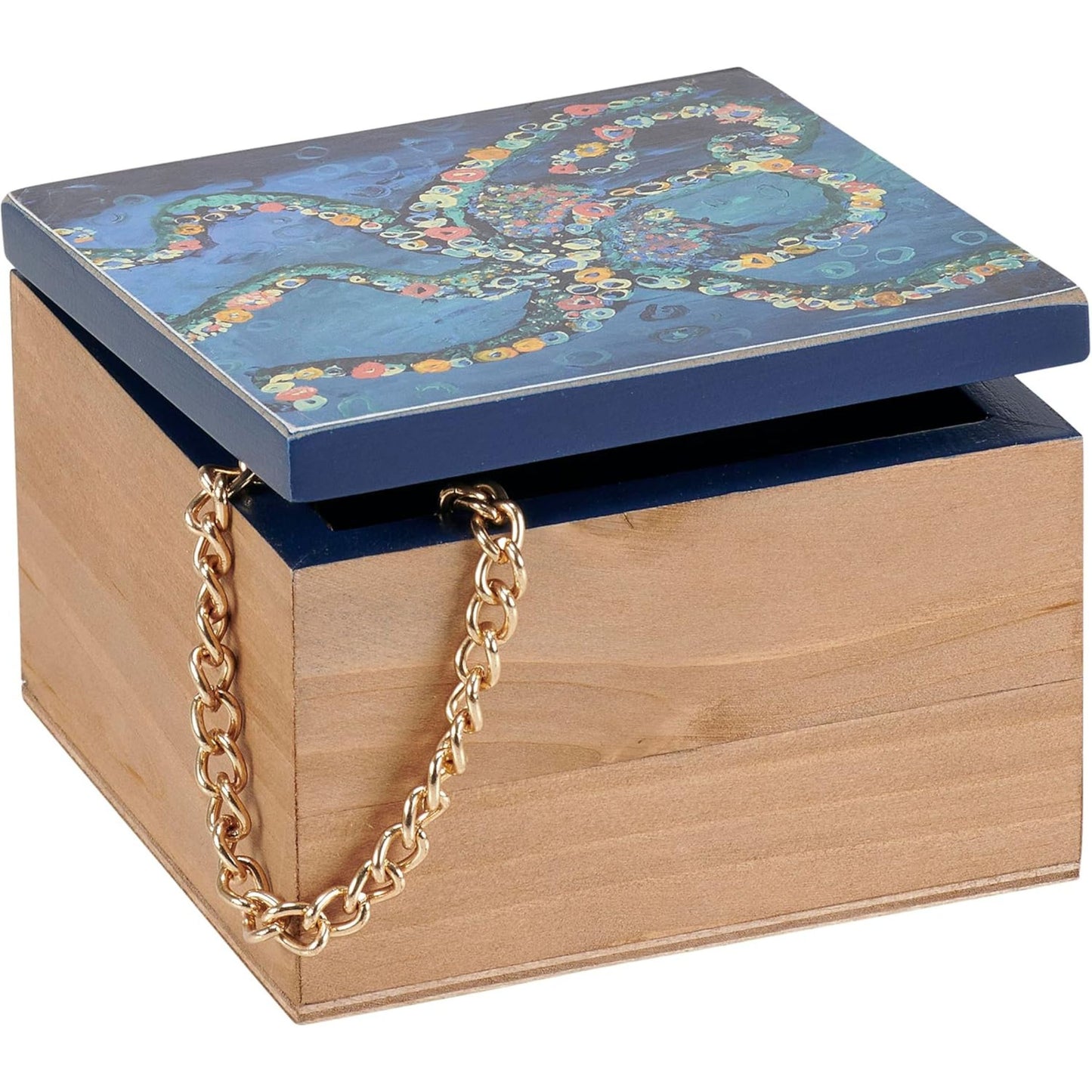 Wooden box with a blue lid featuring octopus patterns and a gold chain