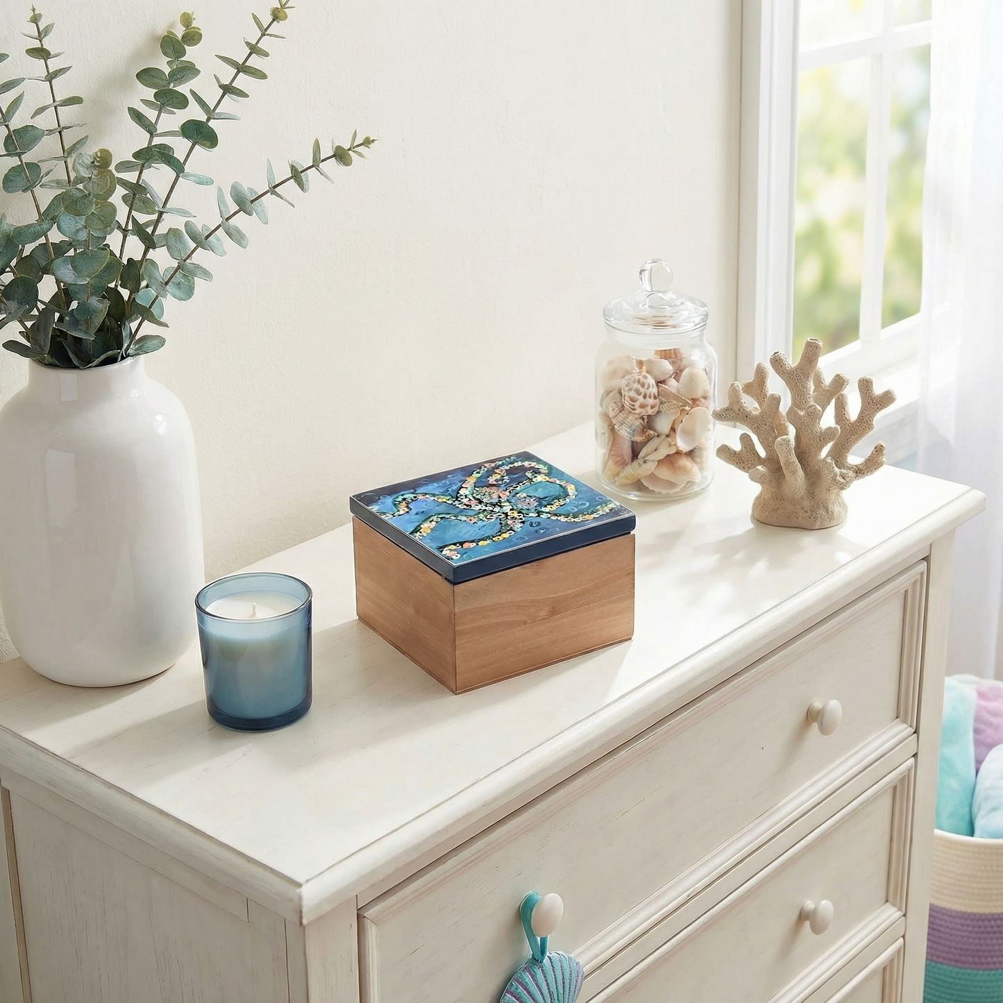 Octopus Wooden Hinged Keepsake Box | Coastal Ocean Art Storage Box