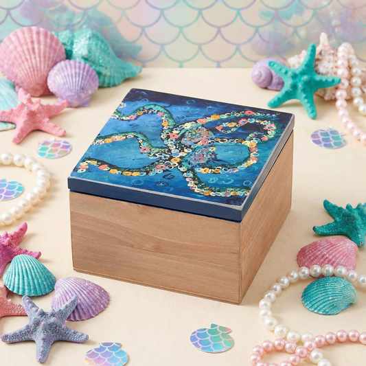 Octopus Wooden Hinged Keepsake Box | Coastal Ocean Art Storage Box