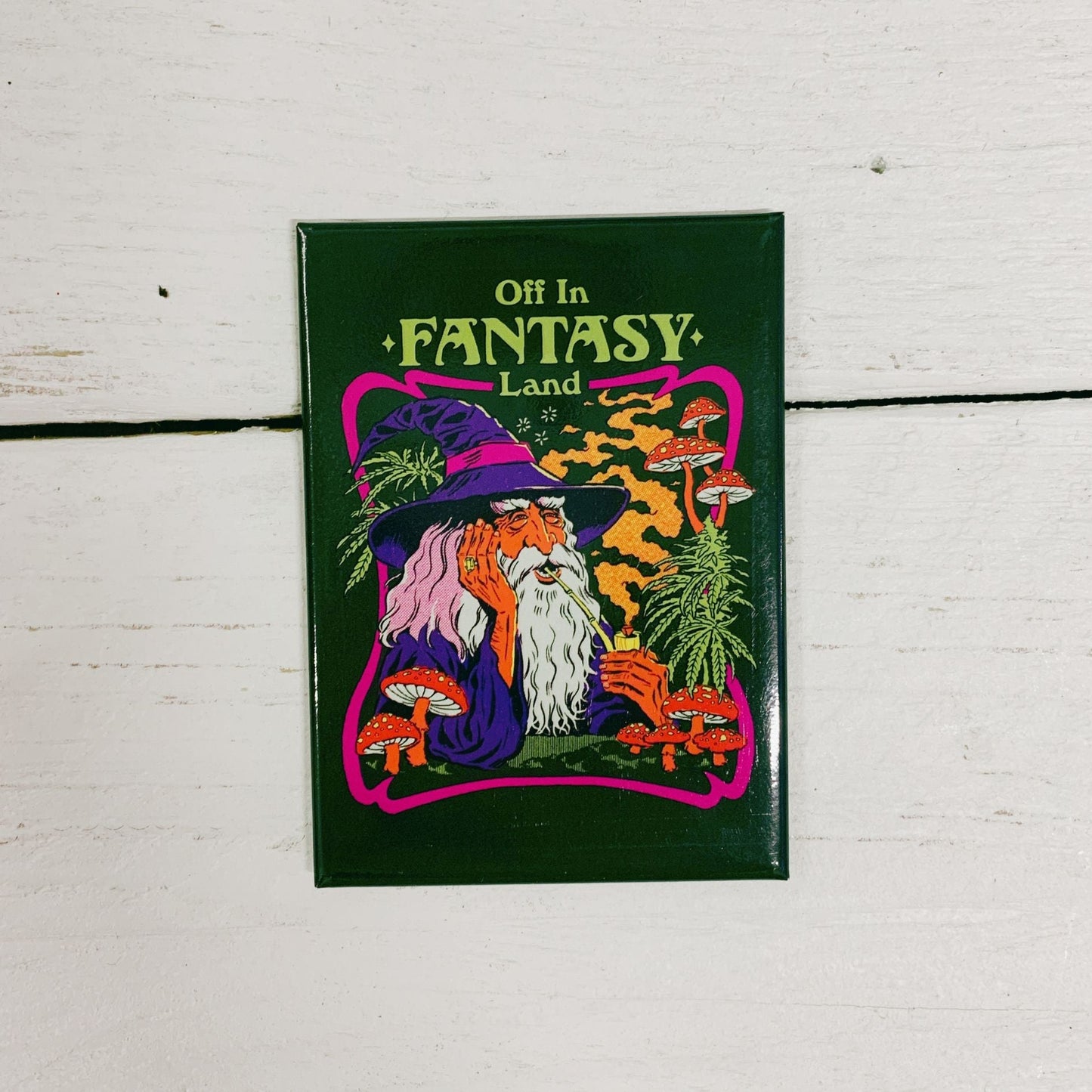 Off in Fantasy Land Rectangular Magnet | '80s Children's Book Style Satirical Art by Steven Rhodes