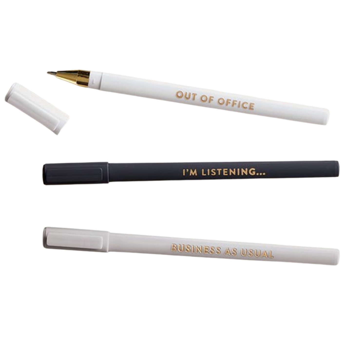 Office Soft Touch Pen Set of 3 | Business as Usual, Out of Office, I'm Listening | Refillable Giftable Pens in Box